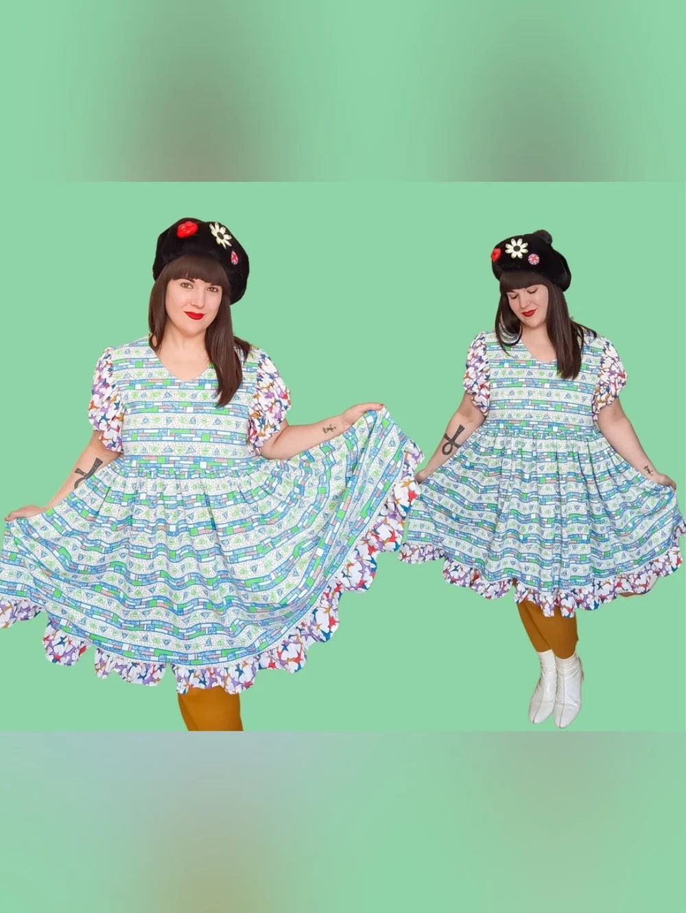 Handmade, upcycled retro, groovy patterned fabric dress Size L - Picture 2 of 8